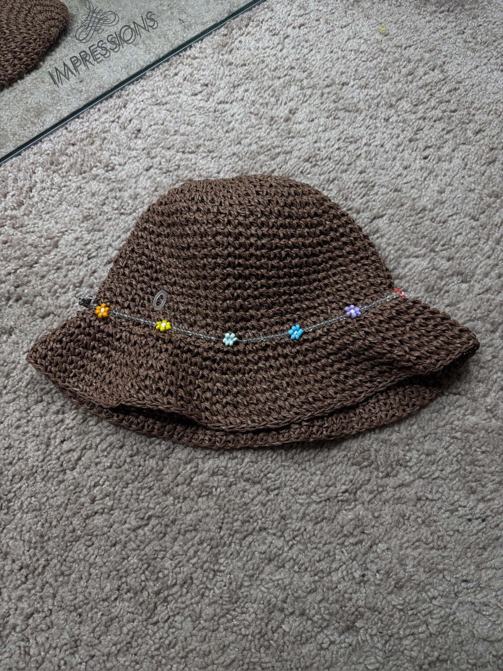 Steve Madden Brown Crochet Sun Hat with Colorful Flower Bead Trim